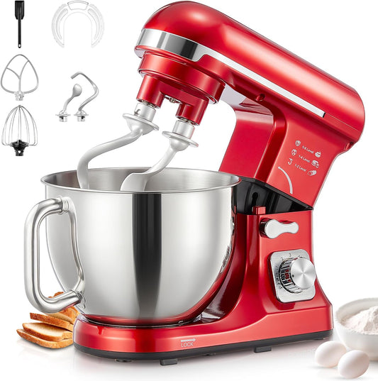 Stand Mixer Fohere, With Double Dough Hook, Wire Whip & Beater Mixers Kitchen Electric Stand Mixer, 5.5QT, 6+P Speed Tilt-head Standing Mixer, Kitchen Mixer with Bowl & Splash Guard, Red