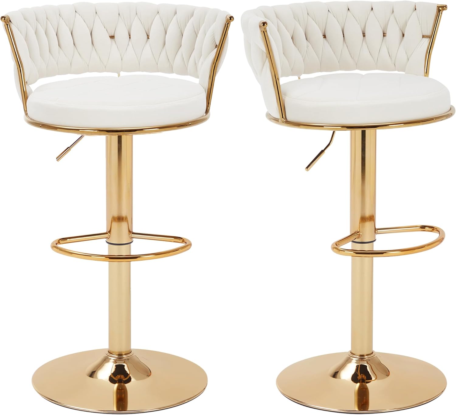 VECELO Bar Stools Set of 2, Adjustable Barstools Counter Height Stools with Back and Arm, Velvet Woven Kitchen Island Stools w\/Gold Metal Leg & Base, 360° Swivel Bar Chair for Pubs Dining Room, White