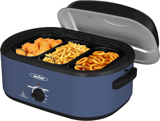 Sunvivi 20QT Roaster Oven, Electric Roaster with 3 Compartments, Turkey Roaster Oven with Self-Basting Lid, Removable Pan & Rack, Defrost & Warm Function, Fit Turkey Up to 24LB, Stainless Steel, Blue