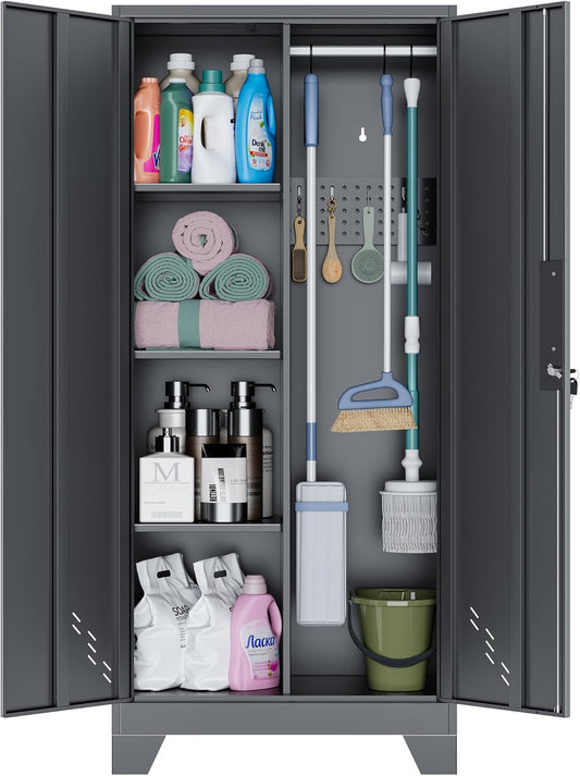 OSEILLC Metal Storage Cabinet with Locking Doors, 61" Tall Garage with Hanging Rod, Broom Closet, Freestanding Bathroom Storage Cabinet, Cleaning Tool,Black