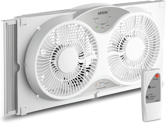 shinic 9" Twin Window Fan with Reversible Airflow, Removable Cover and Bug Screen, Remote Control, 3 Functions-3 Speeds, Width Adjustable (23.5" to 37"), Bathroom Kitchen Window Fan ETL Certified