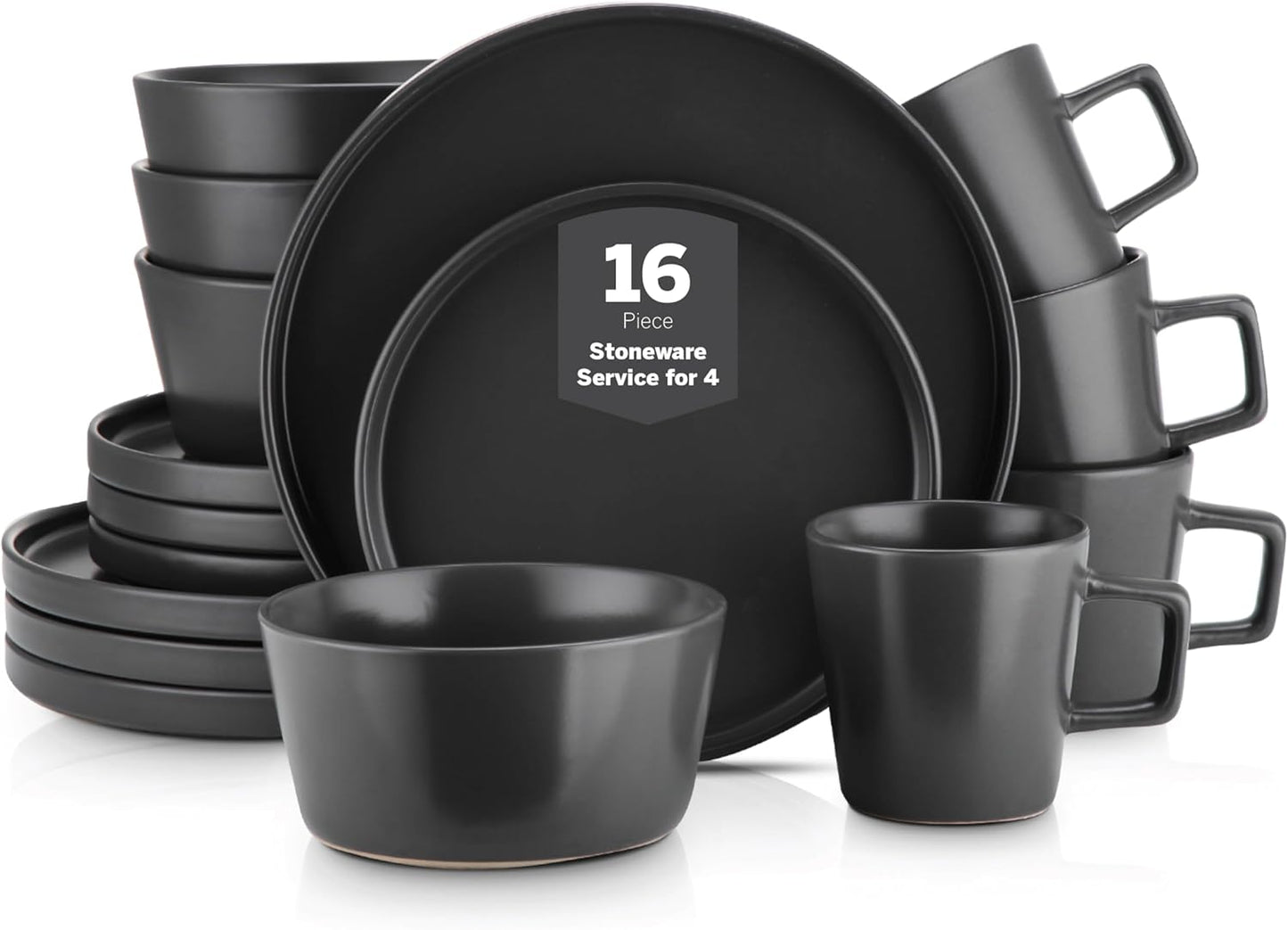 Stone Lain Celina Stoneware 16 Piece Dinnerware Set, Plates and Bowls, Black Matte Dish, Service for 4 \u2013 Minimalist Round Style, Microwave & Dishwasher Safe