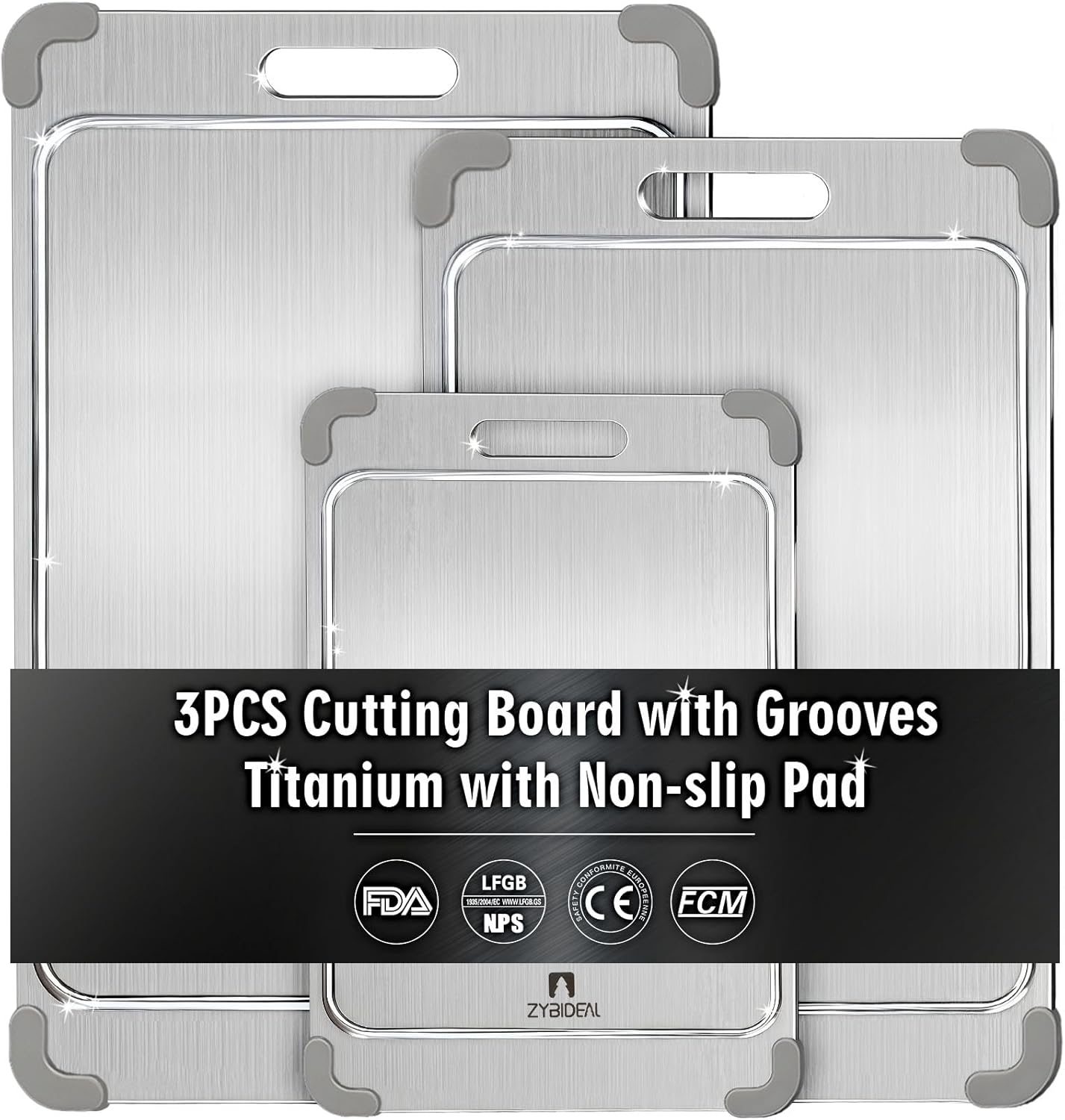 ZYBIDEAL 3Pcs 100% Pure Titanium Cutting Board with Grooves, Update Double Side Titanium Chopping Board, Silicone Anti-slip Stainless Cutting Boards Set for Kitchen, Grey