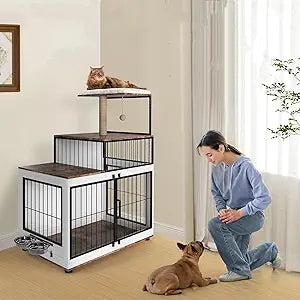 2-in-1 Dog Crate Furniture with Cat Scratching Post & Rotating Food Bowl - Multi-Functional Wooden Pet Kennel with Resting Platform for Multi-Pet Households