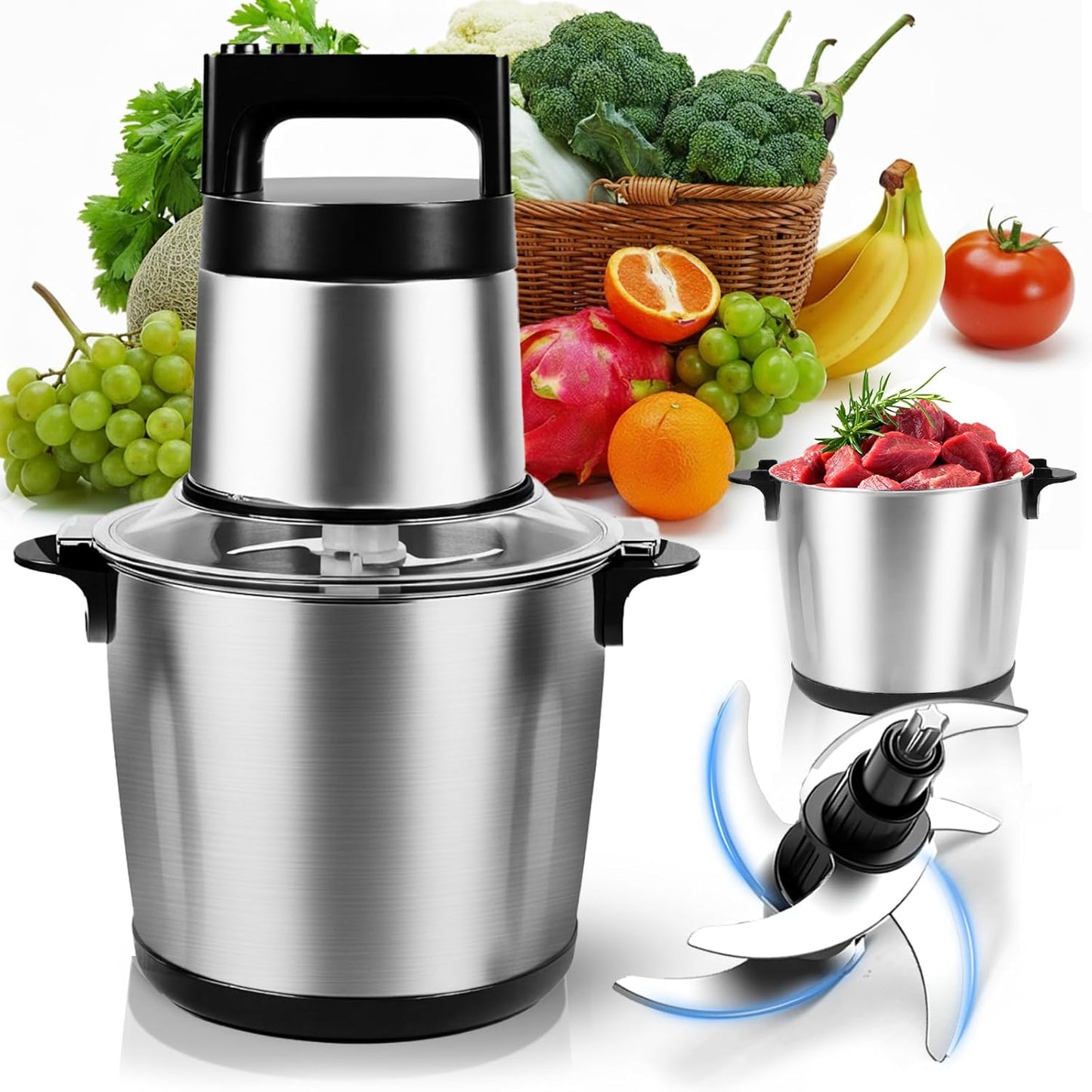 Electric Large Food Processor,1200W Meat Grinder Stainless Steel for Home, Heavy-Duty Meat Blender Mincer with 2 Speed& 6 Blades,6L Electric Food Grinder Chopper for Meat,Game,Vegetables & Meal Prep