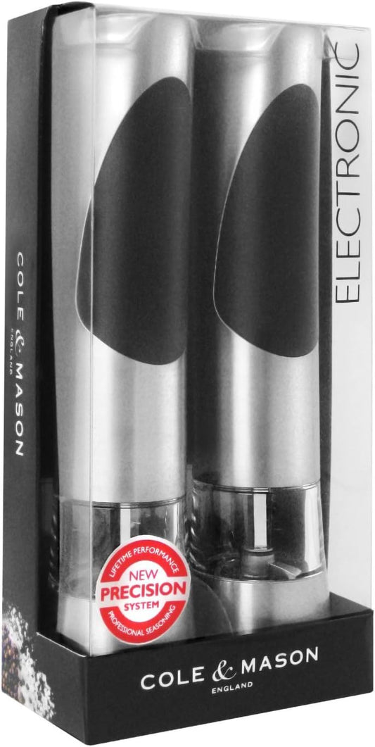 Cole & Mason Richmond Electronic Salt & Pepper Mill Gift Set - One-Button Electric Spice Grinder with Large Grinding Chamber - Requires 6 AAA Batteries - Hand Wash Kitchen Tool - Stainless Steel