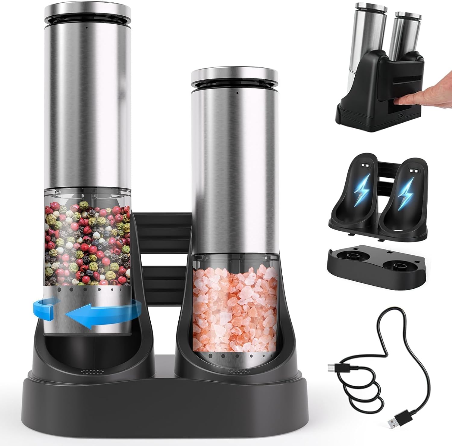 Electric Salt and Pepper Grinder Set with Charging Base: Rechargeable Automatic Salt and Pepper Grinder Set with External Adjustable Coarseness, Stainless Steel Electric Salt and Pepper Shakers,Sliver