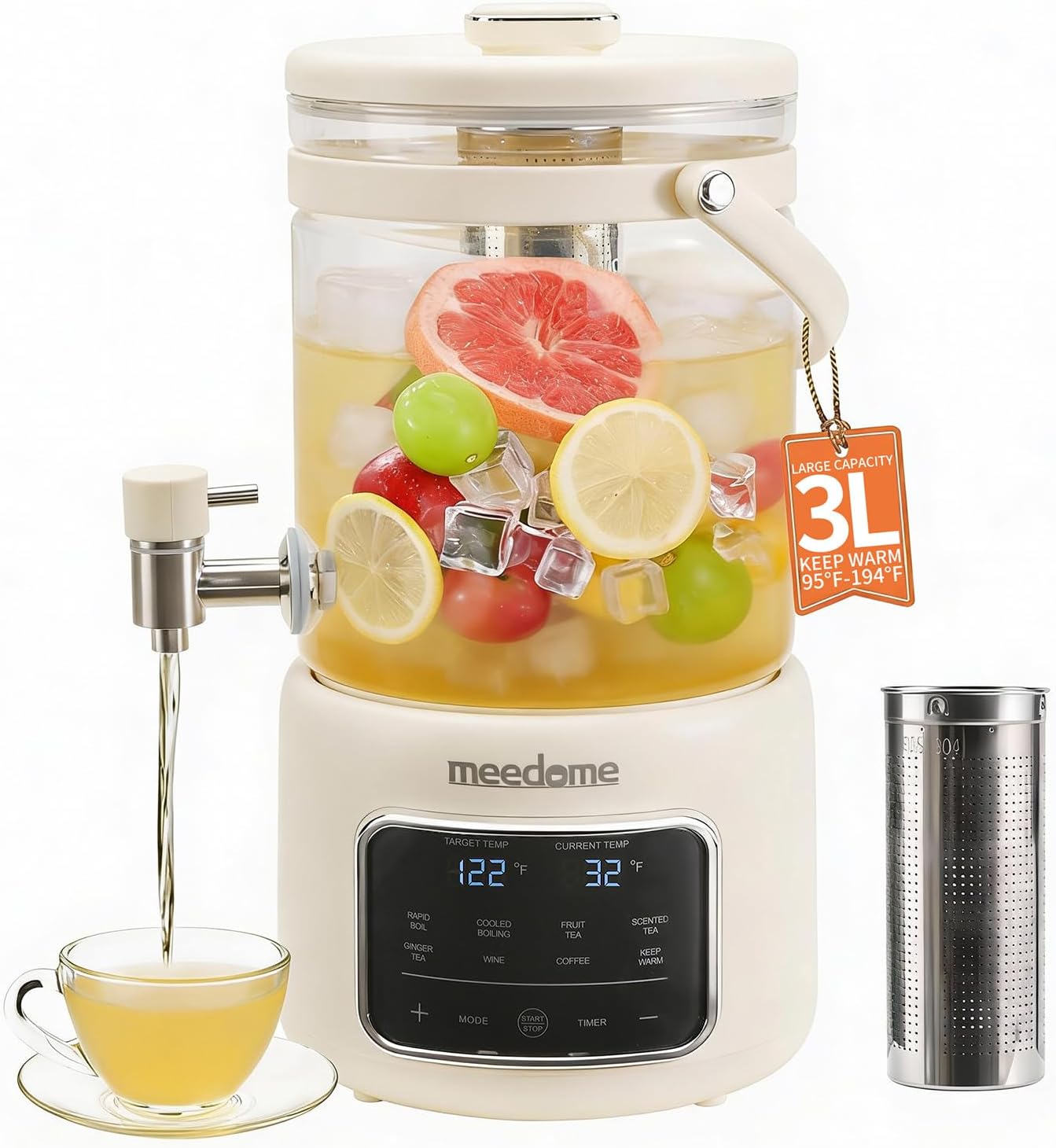 3L Electric Kettle & Beverage Dispenser with Infuser, Spigot - All-in-One Health Pot for Iced Tea/Coffee, Temperature Control, Glass Pitcher - Home & Office Use