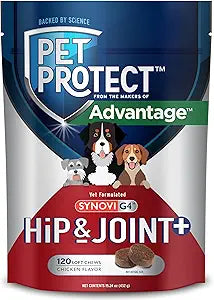 Pet Protect Dog Hip & Joint+ Supplement for Active & Aging Dogs, Vet-Formulated Synovi G4, Dog Glucosamine, Chicken-Flavored Soft Chews (120 Count)