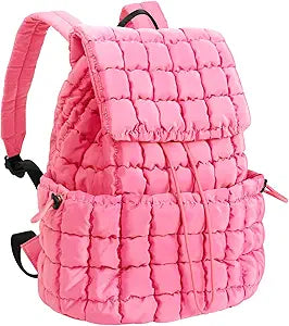 XSUIOY Quilted Backpack Purse for Women Small Lightweight Puffer Puffy College Laptop Backpack Nylon Casual Bookbag Daypack Top Flap Drawstring Padding Hiker Travel Gym Backpack(Pink)
