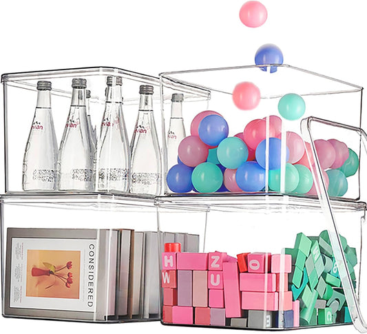 GUMEIGODA Clear plastic storage bins with LIDS-4packs,storage containers for snacks, cosmetics, books, dog food, Storage Organizer for Nursery，Kitchen, Living room,Bedroom, Bathroom, Office