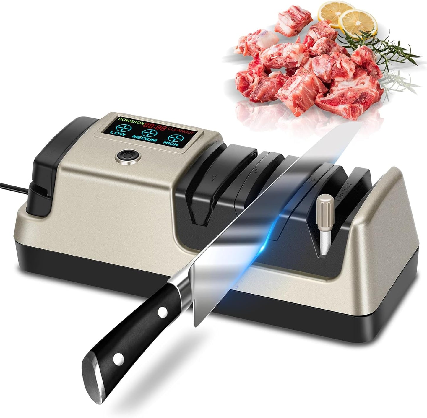 Upgrade 5 in 1 Electric Knife Sharpener with LCD Screen, 3 Rotational Speed Adjustable, 100% Diamond knife sharpener for Straight, Serrated, Meat Cleaver, Ceramic Knives & Scissors, Light Blonde