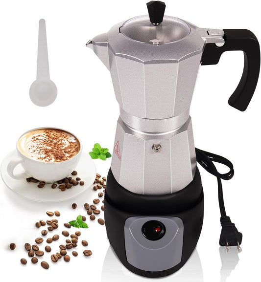 Aluminum Electric Moka Pot 5-6 Cup 270ml Express Coffee Maker Stovetop Espresso Portable Coffeemaker Italian Classic Brewing Greca Cafe Mocha with Removable Base and Overheating Protection Machine