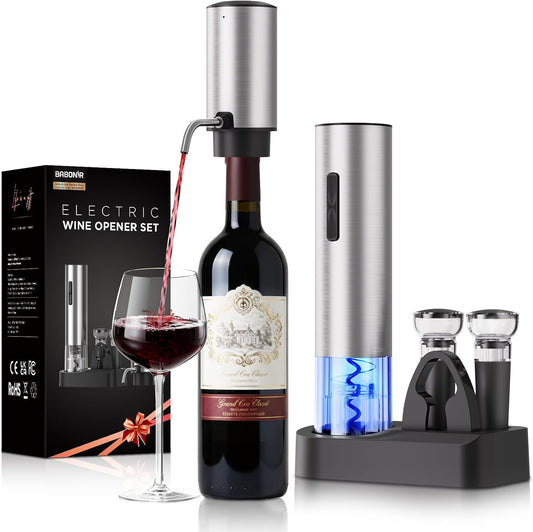 BABONIR 7-in-1 Electric Wine Opener Gift Set, Stainless Steel Automatic Corkscrew with Automatic Aerator Pourer, 2 Vacuum Stoppers, Foil Cutter, Storage Base Rechargeable Corkscrew Kit for Wine Lovers