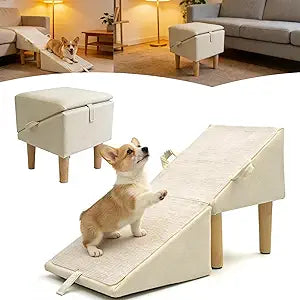 Split Ottoman Dog Ramp for Couch and Low Bed, 2-in-1 Foldable Dog Stairs for Small Dogs and Cats, Wooden Pet Ramp with Non-Slip Surface, Portable Step Stool Design, Off White