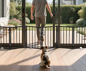 Metal Short Dog Gate, 16.5" High to Step-Over, Free Standing Foldable Pet Gate, Up to 72" Wide Puppy Fence for Stairs and Doorways, Indoor & Outdoor Use, No Drilling and No Assembly, Black