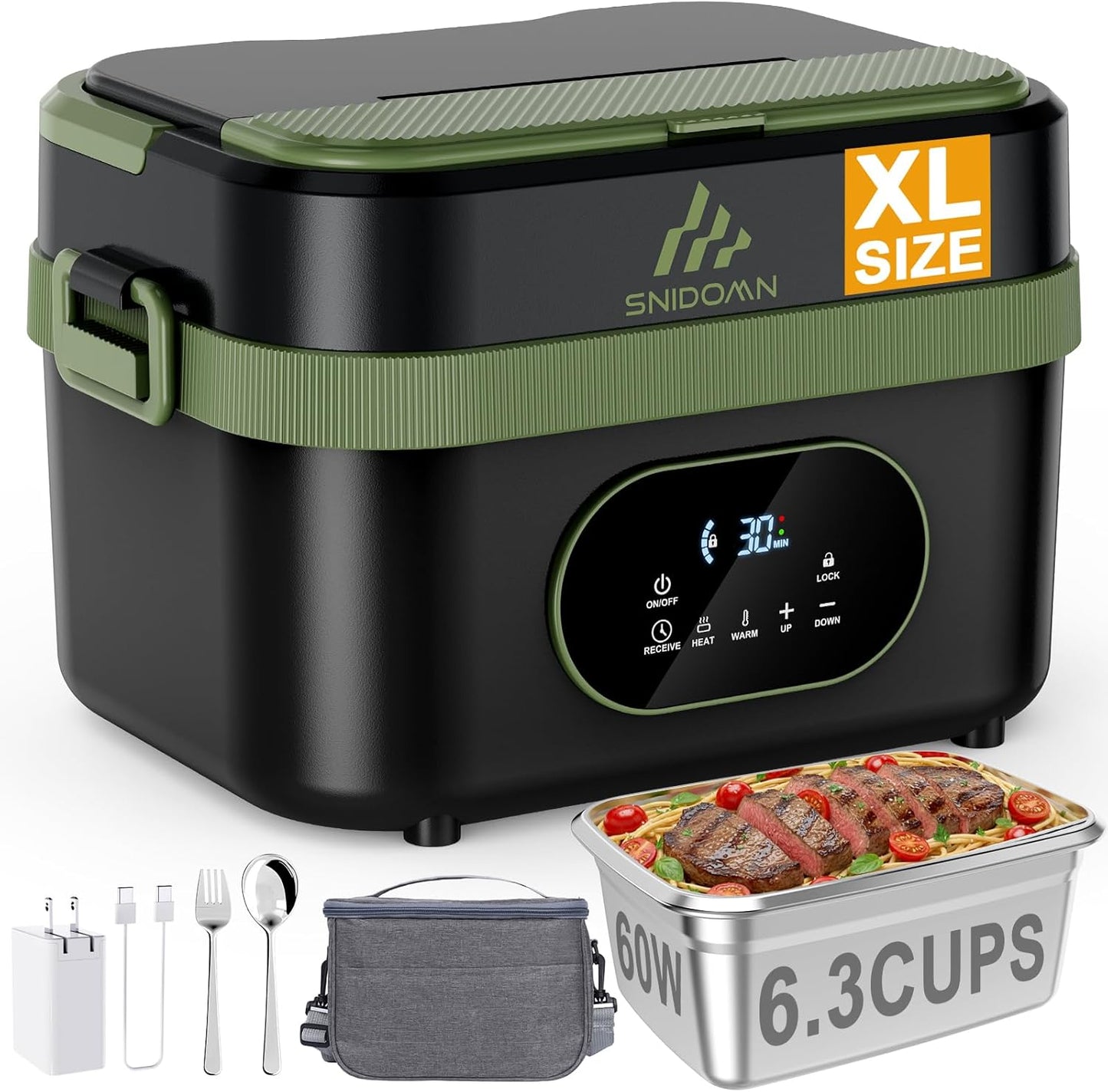 Cordless Electric Lunch Box XL 6.3-Cup, 60W Fast Heating Portable Food Warmer with Scheduled Heating, Removable Divider, Large Capacity Heated Lunch Box for Work & Outdoor