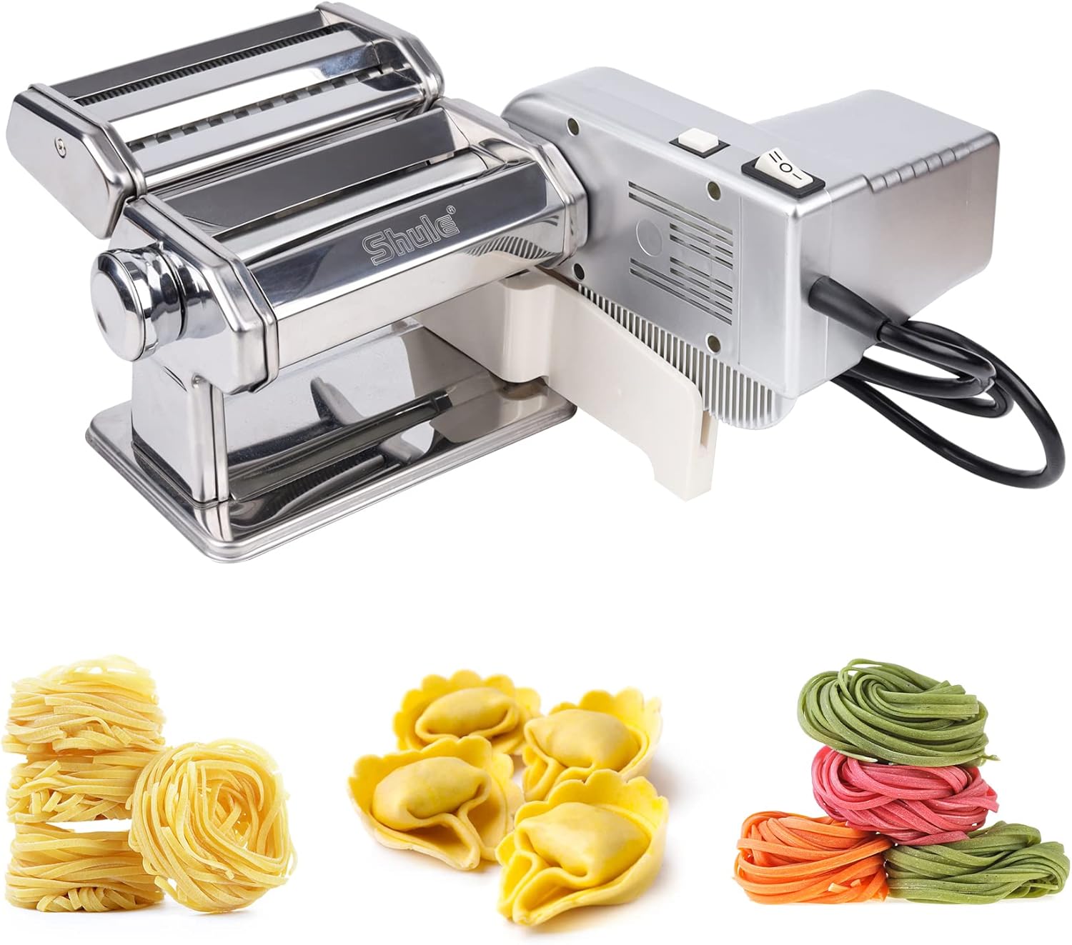 Shule Electric Pasta Maker with Motor Automatic Pasta Machine with Hand Crank and Multifunctional Rollers