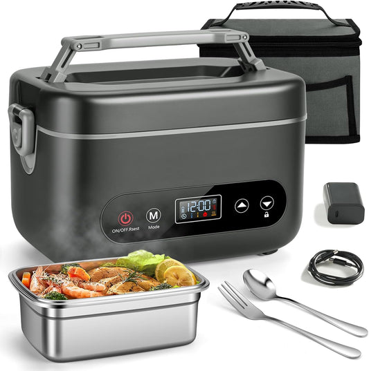 Electric Lunch Box for Men, 1.2L Cordless Heated Lunch Box, 24000mAh Rechargeable Portable Food Warmer with Auto Temperature Control, 5-Sided Heating, Leakproof, for Office, Outdoors & Truck, Black002