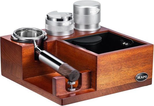 IKAPE 58MM Espresso Tamper Kit 4 IN 1 Silver, 58mm Bottomless Naked Portafilter, Coffee Tamper, Espresso Distributor, Wooden Coffee Tamper Station