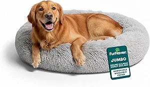 FurHaven 45" Calming Donut Dog Bed for Large Dogs, Round Plush Donut with Soft Filling for Snuggling Comfort, Removable Washable Cover, Jumbo XL, Shaggy Faux Fur, Mist Gray
