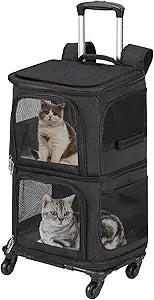 Double Pet Carrier Backpack with Wheels for Small Cats and Dogs, Rolling Cat Travel Carrier, Super Ventilated Design, Ideal for Traveling/Hiking/Camping, Black