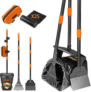 Dog Pooper Scooper with Bags & Dispenser - 37.4" Long Durable Metal Handle Swivel Bin & Rake & Spade Kit, Large Capacity Portable Pooper Scooper for Yardsï¼ŒEasy to Assemble