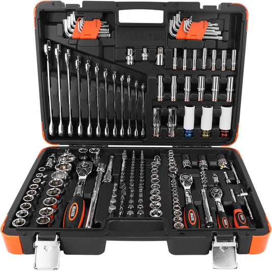 REALTEK 178 Pieces Socket Wrench Set 1\/4"3\/8"1\/2",CR-V Metric Wrench Set with Extension Bar,Quick-Release Ratchet Wrench with Bit Socket Set for Auto Repairing,Household and Workshop,Durable Tool Box