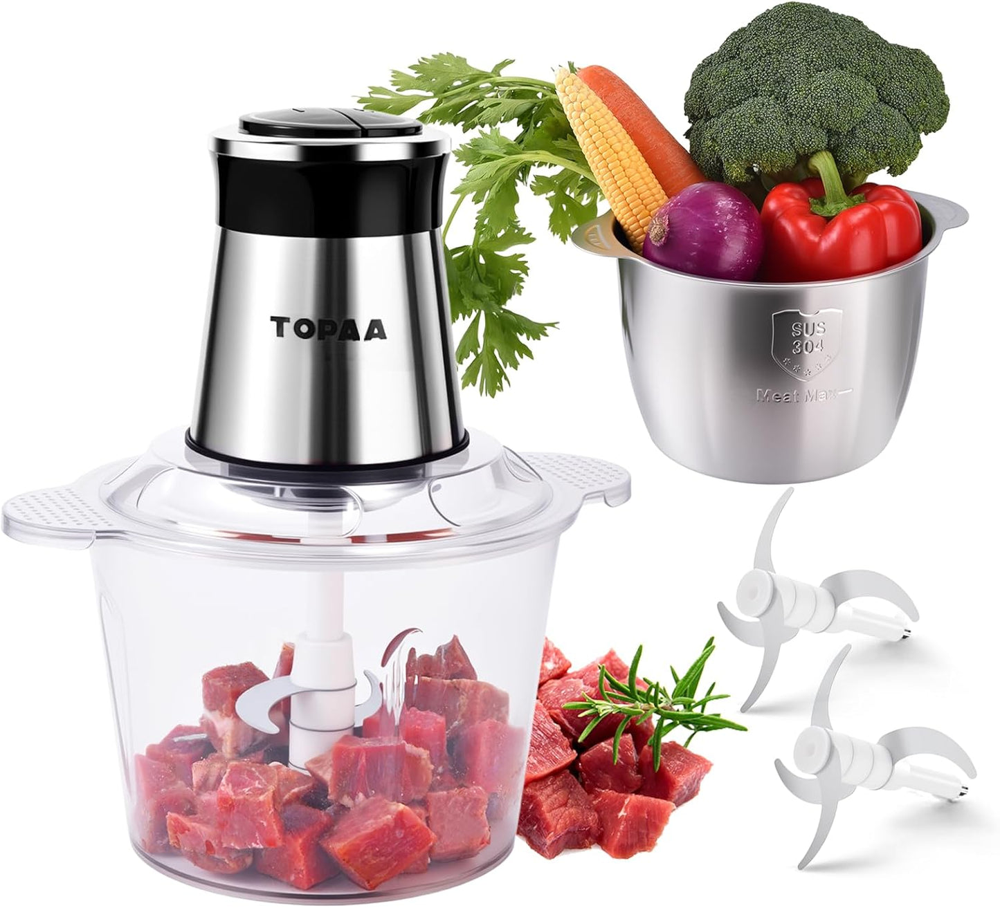 TOPAA Electric Food Processor & Meat Grinder,Vegetable Chopper – 2 Bowls(12 Cup+12 Cup) with Powerful 300W Copper Motor, Includes 2 Sets of Bi-Level Blades for Onions/Fruits/Meat/Nuts/Baby Food