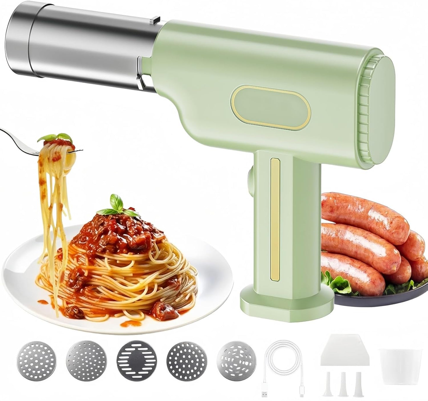 Handheld Electric Pasta Maker, 5-in-1 Cordless Noodle Machine with Molds and Sausage Stuffing Tubes, Portable Automatic Dough Pressing Machine for Homemade Spaghetti and Sausage