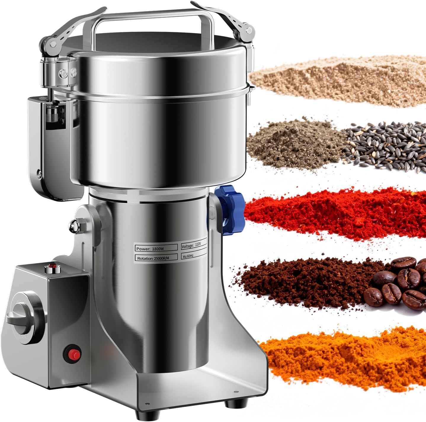 1800W Electric Grain Mill Grinder, 1000g High-Speed Stainless Steel Dry Food Grinder for Wheat, Rice, Corn, Spices & Herbs, with Timer & Safety Protection