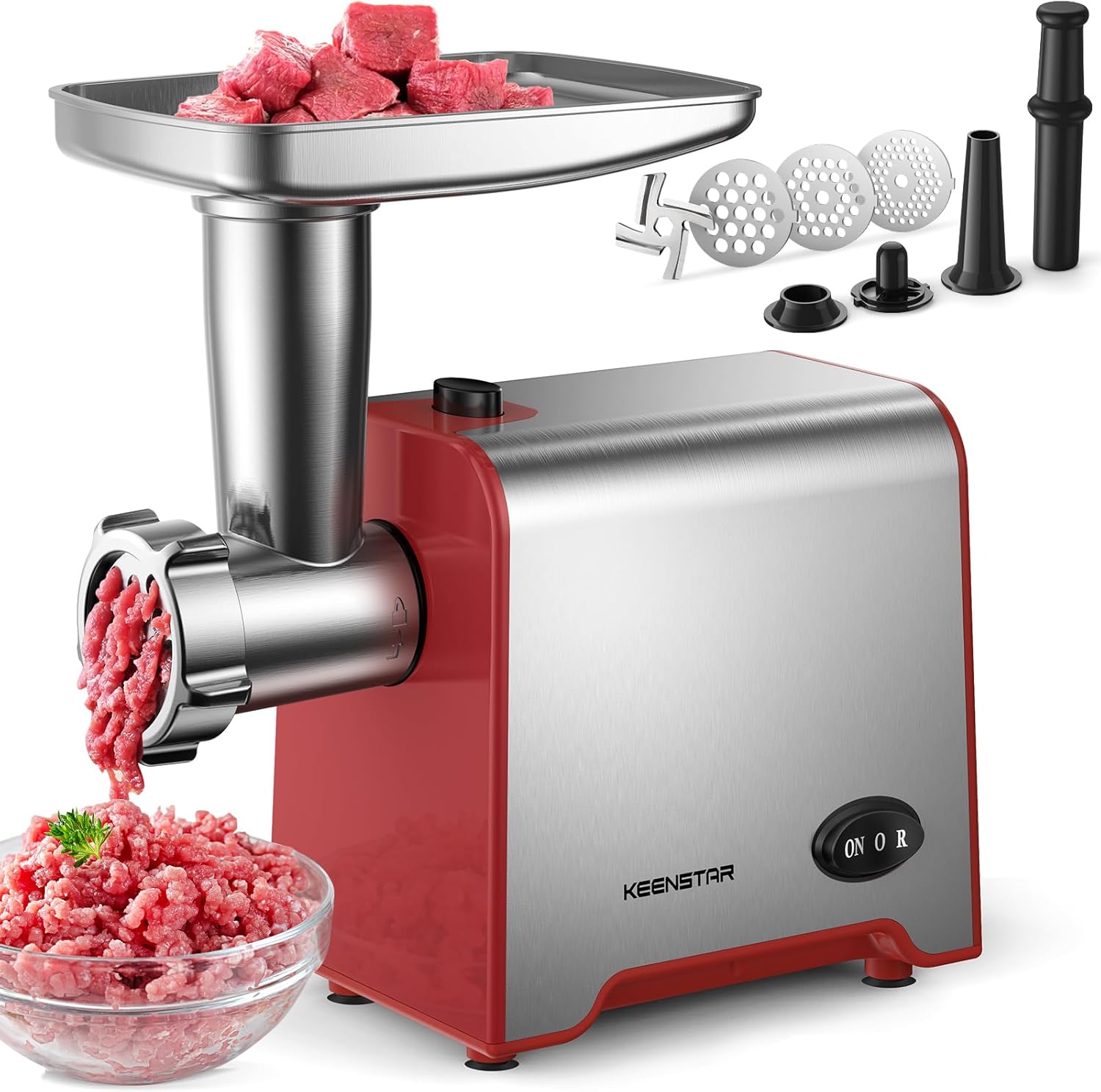 KEENSTAR Electric Meat Grinder, Sausage Stuffer Maker 450W Food Grinder with Blade & 3 Plates, Sausage Stuffer Tubes & Kubbe Kit, Stainless Steel Meat Mincer Machine for Home Kitchen Use (Red)