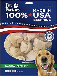 Pet Factory 100% Made in USA Beefhide 4" Knotted Bones Dog Chew Treats - Natural Flavor, 18 Count/1 Pack