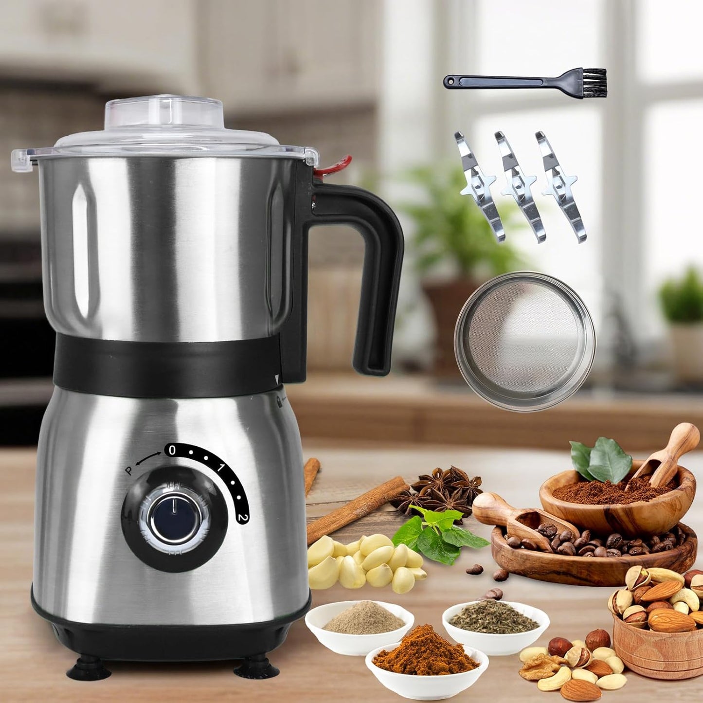 Spice Grinder Electric,Herb Nut Grinder for Kitchen, Detachable Espresso Grinders with Stainless Steel Blades, Filter and Brush, 500w Dry and Wet Grain Mill for Coffee, Rice, Bean, Seasoning (Black)