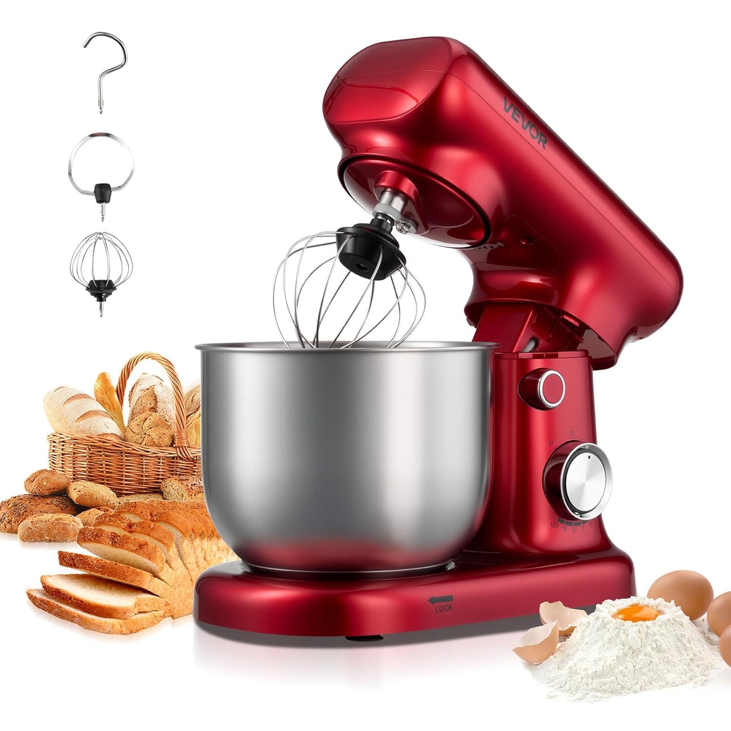 VEVOR Stand Mixer, 3 QT Electric Kitchen Mixer, 300W Dough-Mixer, 10 Speeds Tilt-head Food-Mixer with Stainless Steel Bowl, Dough Hook, Whisk, Beater, for Baking, Mixing, Whipping & Kneading, Red