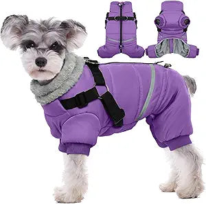 BRKURLEG Purple Dog Coat with Harness, Dog Winter Jacket, Dogs Onesie Body Warm Jackets, Small Dogs Winter Coats Reflective Windproof Warm Cold Weather Coats, Pet Waterproof Jackets, S