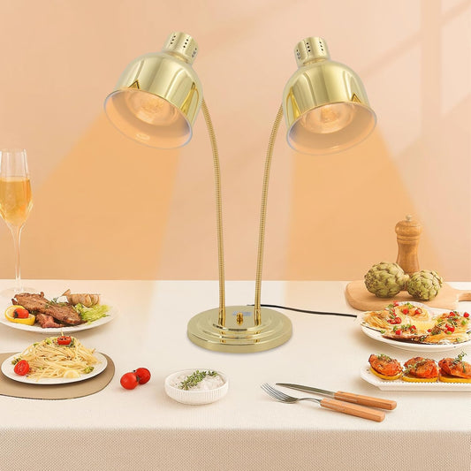 500W Food Heat Lamp, Gold Portable Commercial Electric Food Warmer Stainless Steel Double-Head Food Warmers Catering Food Warming Equipment with 2 Bulbs for Parties Food Service Hotels Cafeteria