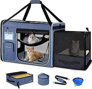 Petskd Side Expandable Extra Large Cat Carrier with Litter Box Area for Long Distance Car Travel,24"x17"x17" Collapsible Soft-Sided Large Pet Carrier with Zipper Locks for 2 Cats Under 55LBS(Blue)