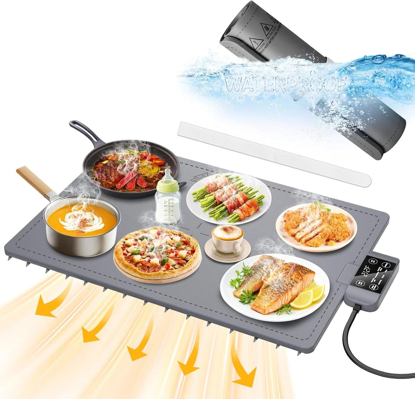 Waterproof Electric Food Warming Mat, Food Grade Silicone Warming Tray with 17 Temp Setting and 6 Hours Timer, Full Surface Warming Mat for Food, Roll Up Food Warmer Mat for Parties (Dark Gray)
