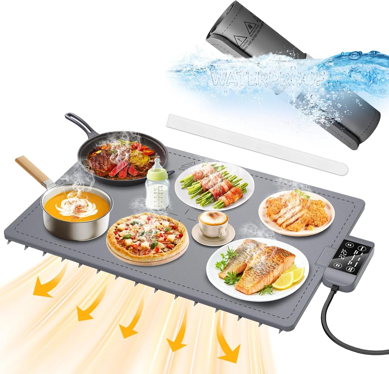 Waterproof Electric Food Warming Mat, Food Grade Silicone Warming Tray with 17 Temp Setting and 6 Hours Timer, Full Surface Warming Mat for Food, Roll Up Food Warmer Mat for Parties (Dark Gray)