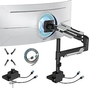 ARES WING CoreArm Single Monitor Mount with USB, Ultrawide Monitor Arm for 24 to 57'' Heavy Duty Curved Screen, Adjustable Gas Spring Monitors Arm Stand up to 66LBS with 75/100/200 Vesa Mount, Black