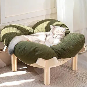 CHEERHOME PETS Elevated Cat Bed Wooden with Cushion Fluffy Pet Couch Sofa for Indoor Cats Raised Kitty Lounge Chair Suitable for Puppy, Cat Furniture(Green)