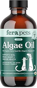 Fera Pets Algae Oil - Cats & Dogs Omega 3 Oil - Vegan - Immune, Heart, Brain, Skin and Coat Support - Includes Vitamin E, Organic Hemp Seed & Flaxseed Oil - 100% Plant Based Omega-3s - 8 oz
