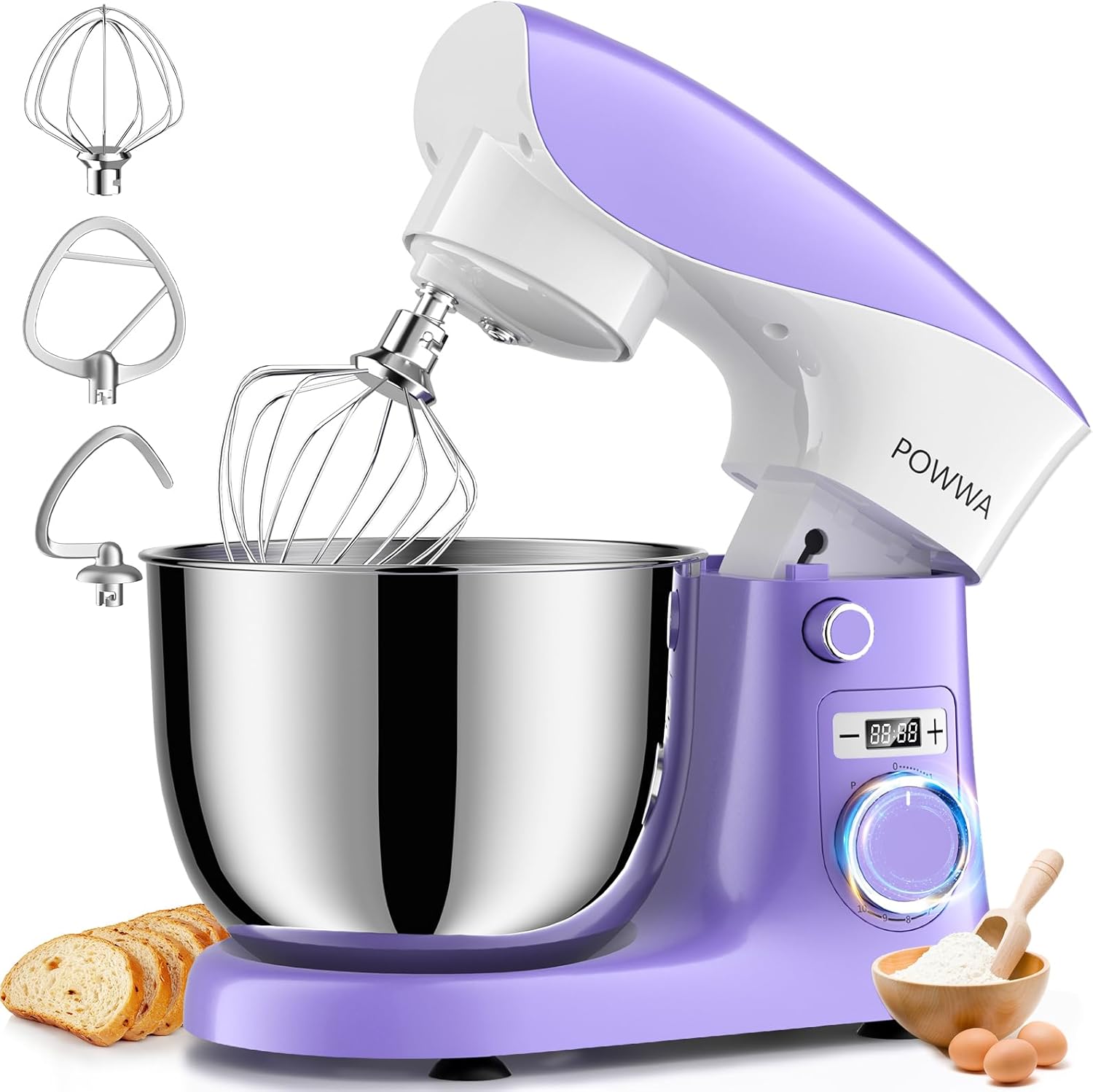 Stand Mixer, 6.5QT 10 Speeds Tilt-Head Electric Stand Mixer, 3-In-1 Kitchen Mixer with Bowl, Dough Hook, Whisk and Beater, Food Mixer for Baking and Daily Use (Purple White)