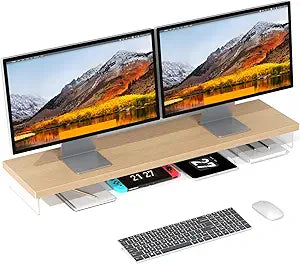 Dual Monitor Stand Riser, 40" Large Computer Monitor Stands for 2 Monitors, Wooden Desktop Organizer Shelf for Office Desk Computer, Laptop, TV, Monitor, Printer