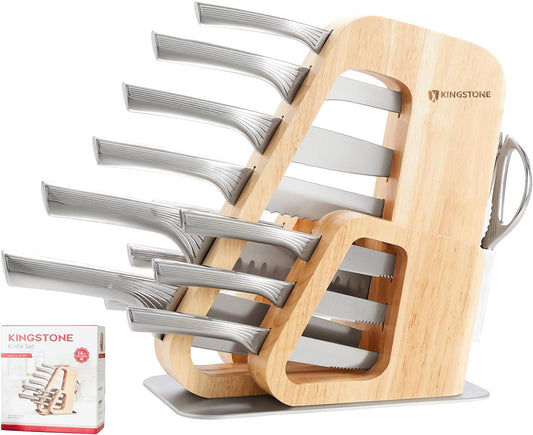 KINGSTONE Kitchen Knife Set with Block, 14 Pcs German Stainless Steel Knife Set with Built-in Sharpener, Dishwasher Safe Knife Block Set(natural, 14pcs)