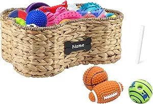 Pet Dog Toy Basket - Bone Shape Storage Bin, Personalized Organizer for Cat Toys, Wicker Holder Box for Living Room, Handmade Water Hyacinth