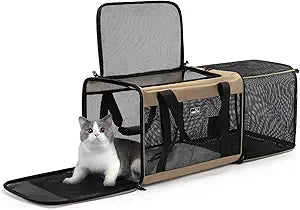 Expandable Pet Carrier for Dogs & Cats, Large Travel Bag with 5 Mesh Windows, 2 Entrances, Locking Zippers & Padded Straps,L