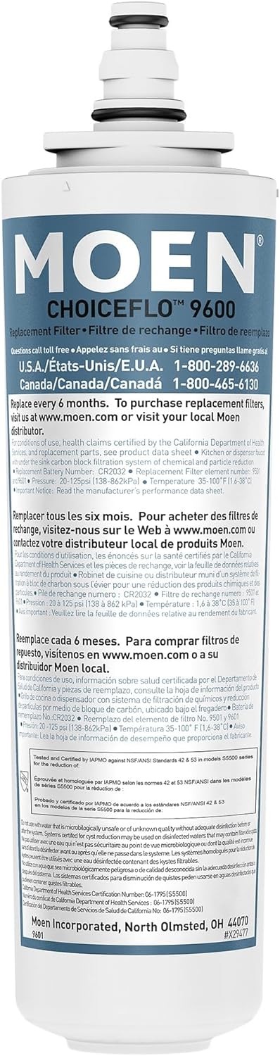 Moen 9601 ChoiceFlo Replacement Water Filter Compatible with Moen Sip Filtered Kitchen Faucets