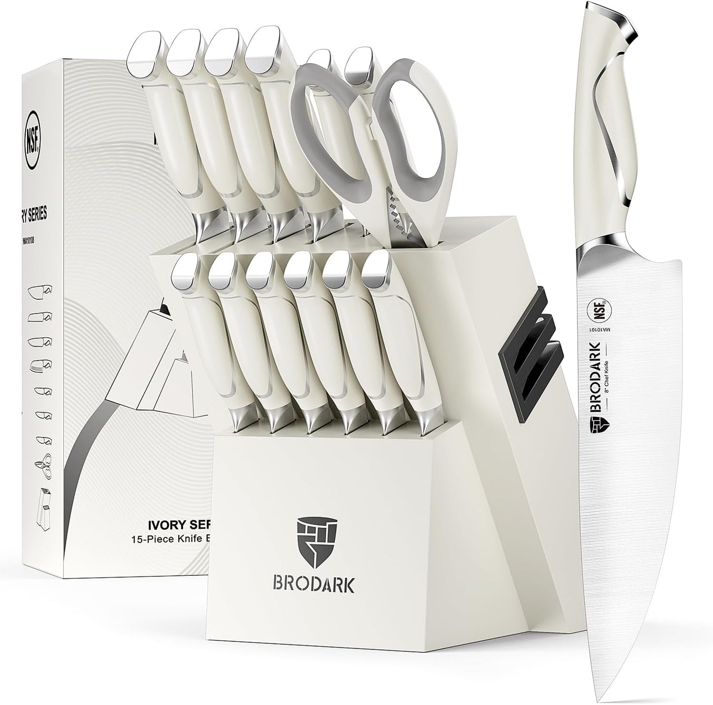 BRODARK Kitchen Knife Sets with Block and Built-in Sharpener - 15 Pcs Full Tang Professional Chef Knife Set - NSF Certified Food Grade Stainless Steel Cutlery Set - Ivory Series